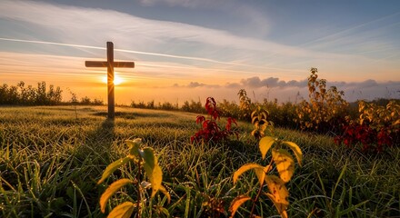 Serene good friday landscape with wooden cross at sunset in a field of wildflowers and green grass