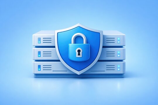 Digital Fortress: A secure digital landscape, showcasing server stacks under the protection of a shield and padlock, symbolizing data security and internet privacy.