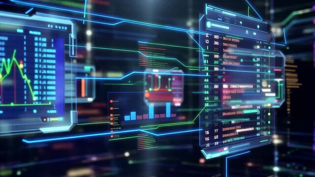 Dynamic fintech interface showcasing holographic transaction panels digital dashboards and live financial indicators