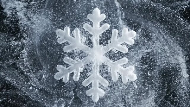 Macro footage of a snowflake exploding into ice crystals and water droplets