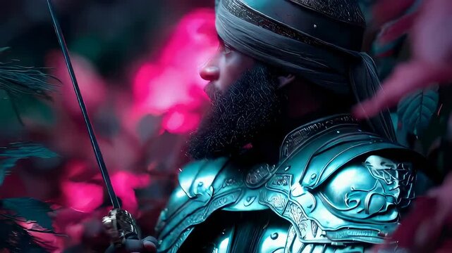 Indian warrior wearing turban and ornate metal armor holds sharp sword. Historical fighter in forest foliage. Traditional culture and mythic hero representation.