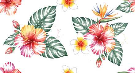 Tropical Hibiscus Floral Set with Monstera Leaves, Plumeria and Exotic Flowers for Summer Botanical Design © MdMostafijur