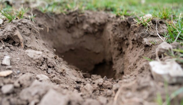 Close-up of a hole dug in the ground with soil.