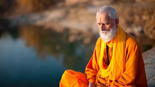 Hindu sadhu sitting in lotus position by river at sunset. Old man with white beard practicing meditation. Spiritual peacefulness and indian religious tradition.