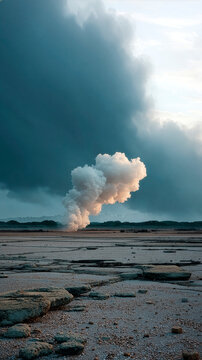 Vapor plume beneath storm clouds over wasteland where war devastation leaves destruction and cracks along the horizon of ongoing conflict