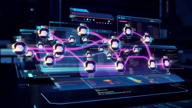 Automated workflow processes displaying ai control dashboard with animated task nodes and glowing data paths