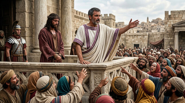 Pontius Pilate offering Jesus to the crowd in a biblical scene during Passover
