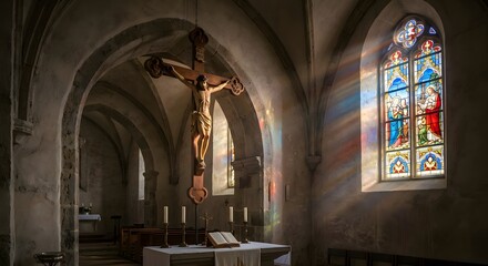 Crucifix in a church with stained glass window and altar symbolizing good friday and christian faith