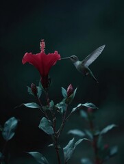 Fototapeta premium Photograph of a hummingbird hovering near a red hibiscus flower. the hummingbird is in mid-flight, with its wings spread wide and its body slightly tilted to the side.