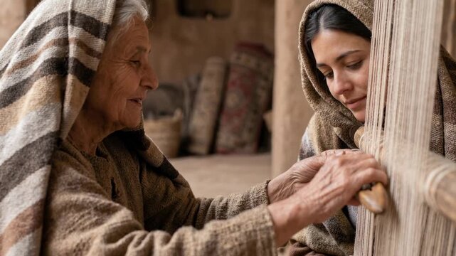 An elderly woman and a young woman weaver operating a traditional wooden loom. The artisan teacher instructs student in weaving fabric. Ancient cultural craft.