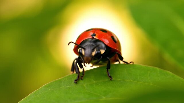 Close up of a vibrant ladybug on a green leaf with blurred background