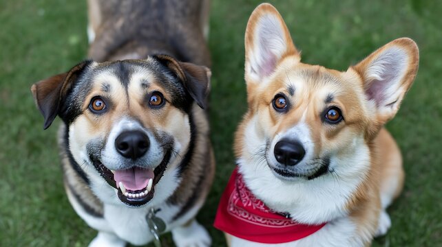Happy dogs looking up with smiling faces and red bandana outdoors on grass
