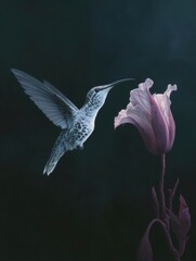Fototapeta premium Digital illustration of a hummingbird hovering near a pink tulip. the hummingbird is in mid-flight, with its wings spread wide and its beak open as if it is about to take flight.