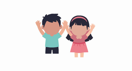Fototapeta premium Happy cute kids boy and girl celebrating success together cheerful children winners flat vector illustration isolated on white background