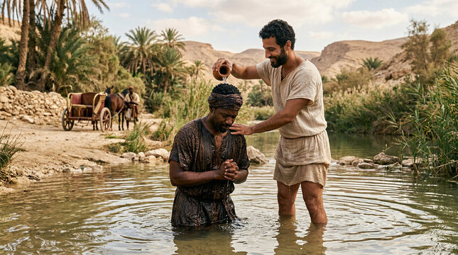 Philip baptizing an Ethiopian eunuch with calm demeanor in a desert oasis