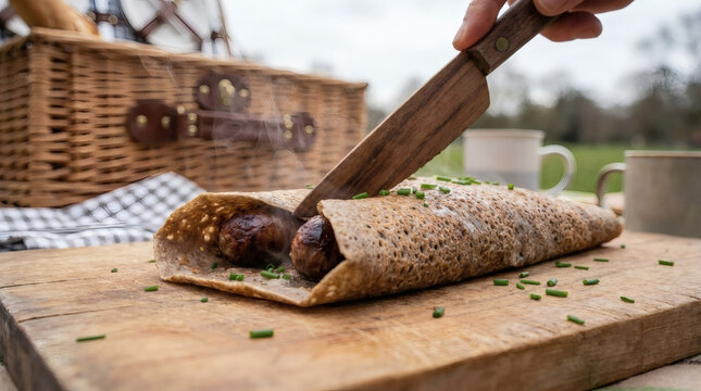 Galette Saucisse Cut Open with Steam on Breadboard Picnic