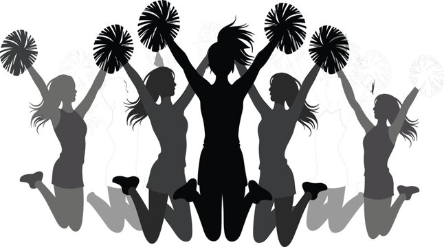 Silhouette of jumping cheerleader girls team with pom poms, vector group of women in sport action
