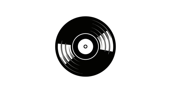 Black and white illustration of a vinyl record with visible grooves and a central label.