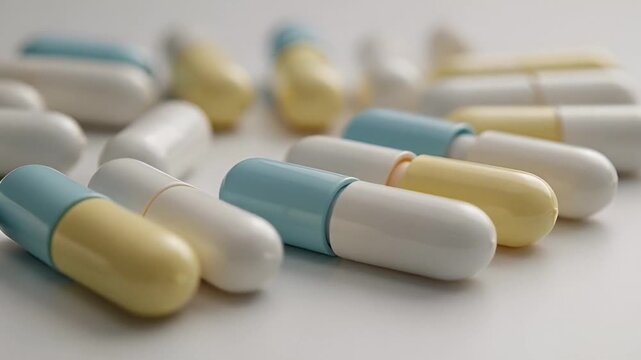 Close up of assorted pills and capsules on a neutral background