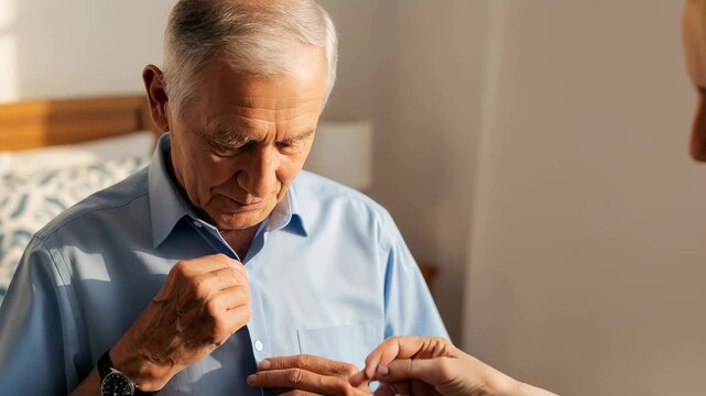 Caregiver helping an elderly man button his shirt. Support for senior health and rehabilitation. Helpful assistant aiding a pensioner with daily routine at home.