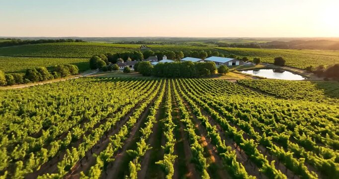 Aerial view of lush vineyard rows under golden sunset, with farm buildings and pond in background