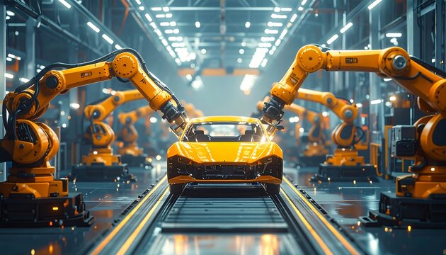 Automated Assembly Line: High-tech robotic arms meticulously work on a sleek, yellow car within a futuristic automated assembly line, symbolizing innovation, precision.