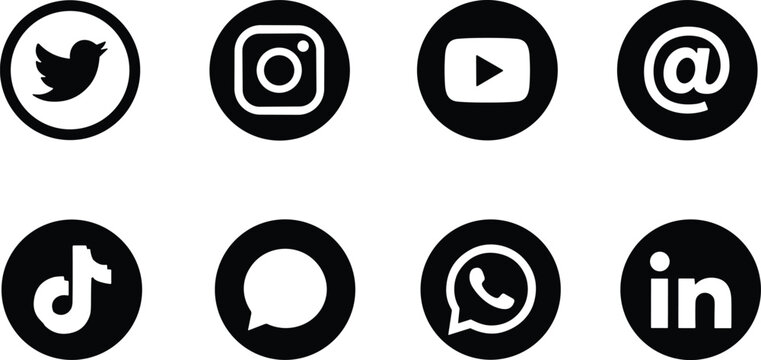 Set of black circular social media icons including popular platforms like Instagram and YouTube isolated on white background for modern digital marketing and web design.