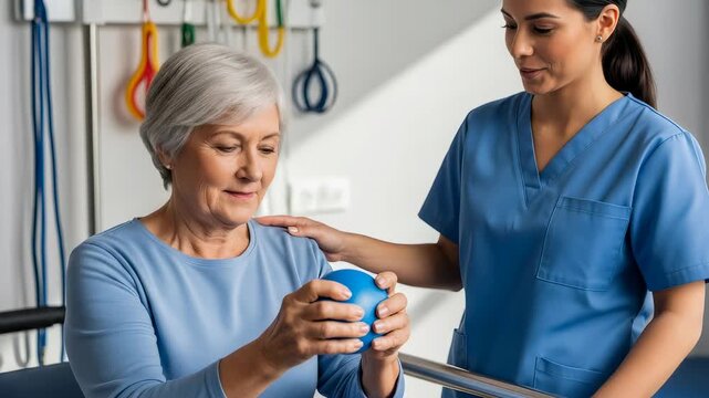 Senior woman doing hand exercise with blue ball assisted by physical therapist. Rehabilitation session for elderly patient in clinic to improve motor skill function.