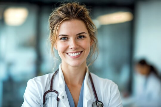 Portrait of a friendly and confident young blonde female doctor, woman with bright blue eyes wearing a white lab, medical coat and stethoscope in nek smiling in a bright hospital, clinic, indoors