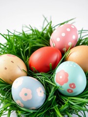 Obraz premium Whimsical pastel painted eggs nestled in faux grass, ready for spring festivities, decorative, painted