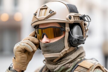 Naklejka premium Soldier adjusts helmet with integrated headset and visor