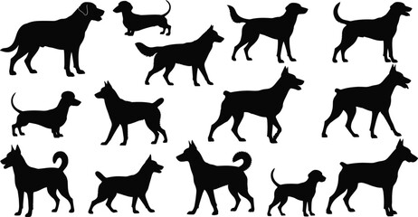 Fototapeta na wymiar A collection of various dog silhouettes showing different breeds and poses on a white background isolated on white background