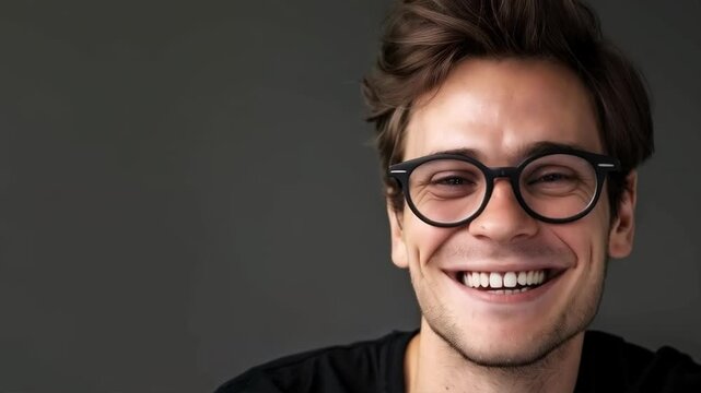 This portrait of a smiling young man wearing glasses against a dark background is ideal as a background image for presentations, CVs or promotional materials focusing on positivity and success.
