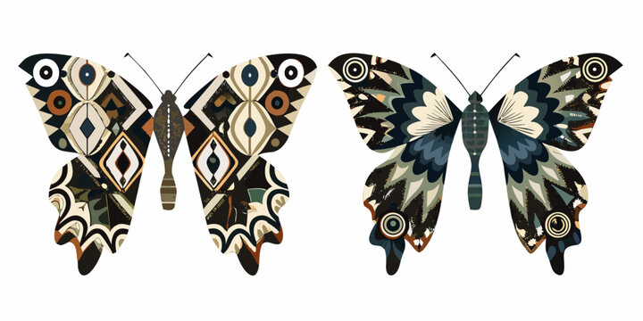 Stylized butterflies with intricate geometric patterns displayed against a white background