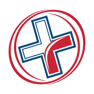 A red and blue cross in a circle