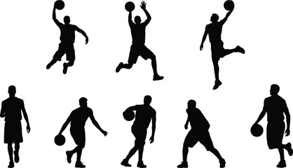 Basketball player silhouette set dribbling jumping shooting athlete sport action isolated team game activity flat vector illustration design © Mahamudul Creatives