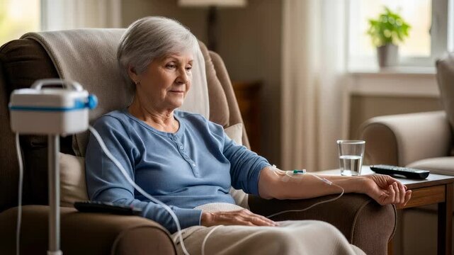 Elderly woman receives intravenous therapy while resting in armchair. Medical treatment for senior at home. Recovery process and health support for patient recovery.