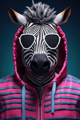 Fototapeta premium A zebra wearing sunglasses and a hoodie. This unique image can be used for various purposes, adding a touch of fun and style to any project