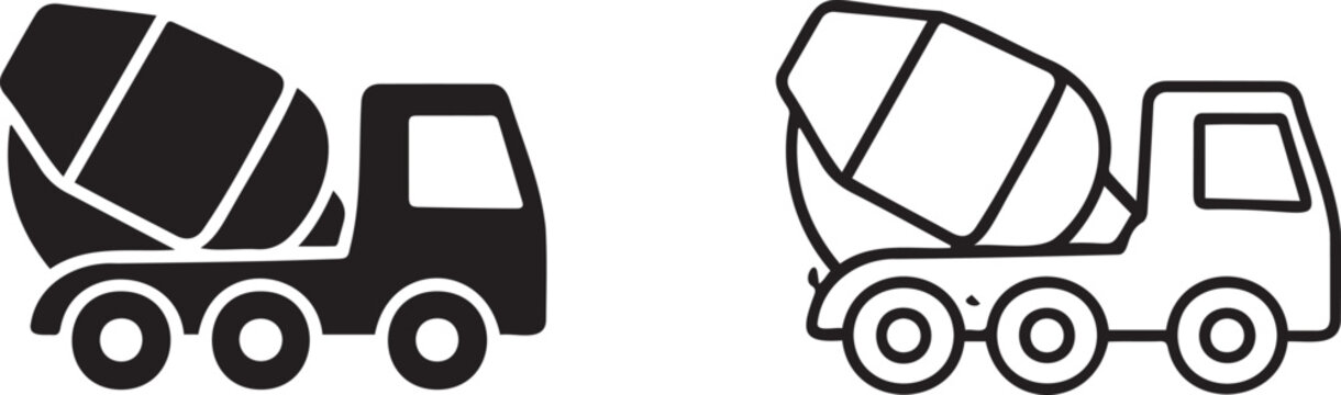 Concrete mixer truck icons, heavy construction vehicle silhouettes, cement transport eps vector
