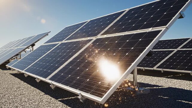 Solar Panel Array Under Bright Blue Sky with Sun Glare
