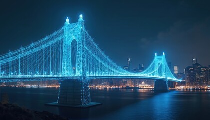Fototapeta premium Futuristic blue wireframe bridge connects city at night. Glowing neon lines form suspension structure over dark water. Urban skyline glows with lights.