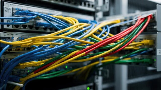 Medium shot highlighting the intertwined cable bundles on crossconnect panels emphasizing the textures and colors with the rest of the data center faintly out of focus.