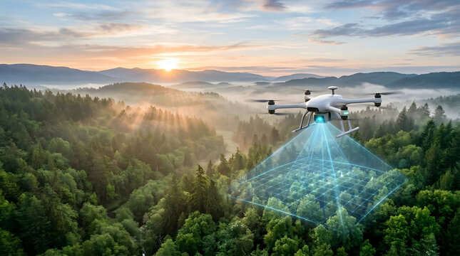 Drone Scanning Forest with Data Overlay at Sunrise