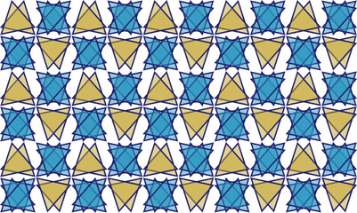 Fototapeta premium blue and yellow triangle and star with border hexagons pattern, Abstract Seamless geometric pattern with blue stars background, blue diamond dot, repeat star pattern design for fabric printing, star