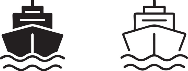 Set of 2 front-view ship icons vector, featuring a solid black and an outline design, depicting a boat sailing on wavy water, ideal for transportation and travel themes. © usmi