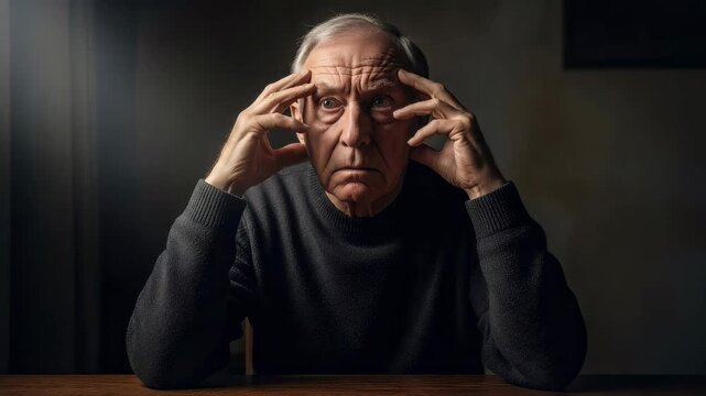 Sad elderly man thinking and suffering from headache. Senior male person feeling stress or mental pain. Mental health care and aging support for retired male citizen.