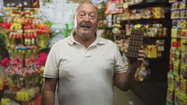 Man holding chocolate bar in grocery building inspecting the bar with a smile; simple pleasure contentment.