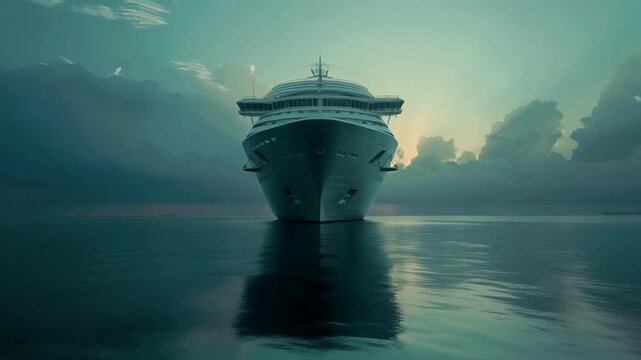 A huge cruise liner sails across calm waters beneath a dramatic sky, providing an attractive backdrop for travel agency brochures.
