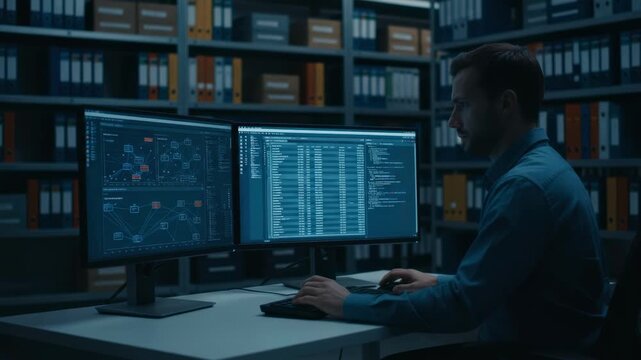 Publishers metadata team member analyzing citation data on dual monitors with outoffocus storage shelves in the background ensuring precise indexing.