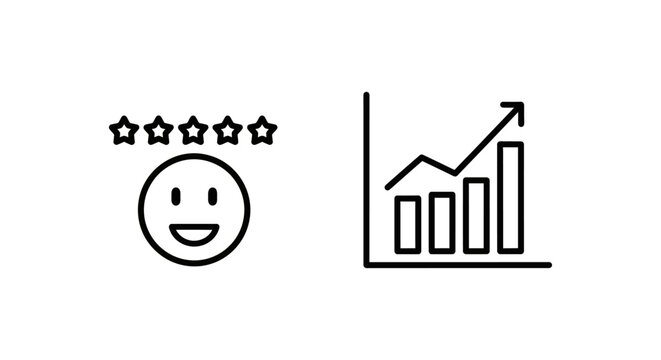 Customer satisfaction and csat score icons: happy face with stars and upward trending graph - business concept